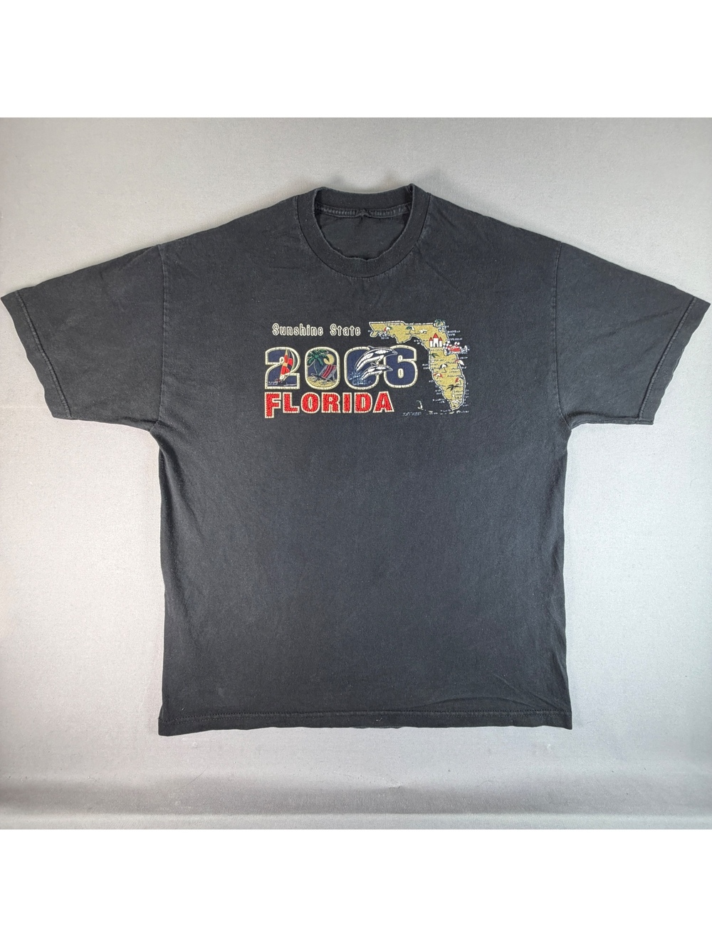 VTG 2006 Florida Sunshine State Shirt Black Faded Map Fish Y2K Souvenir Tee